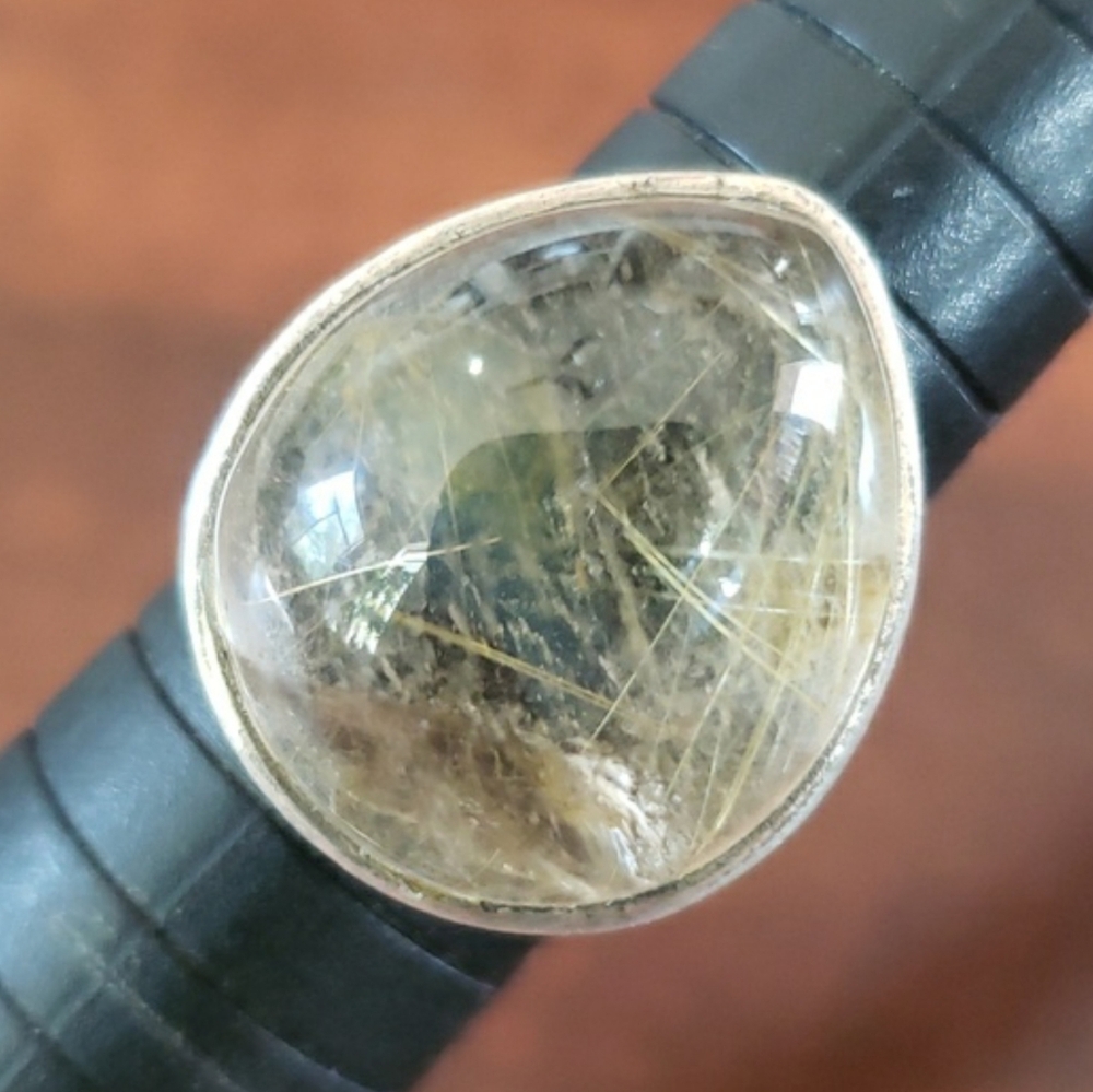 Artisan Sterling Silver Golden Rutilated Quartz Ring Teardrop Cabochon  Size 7.5